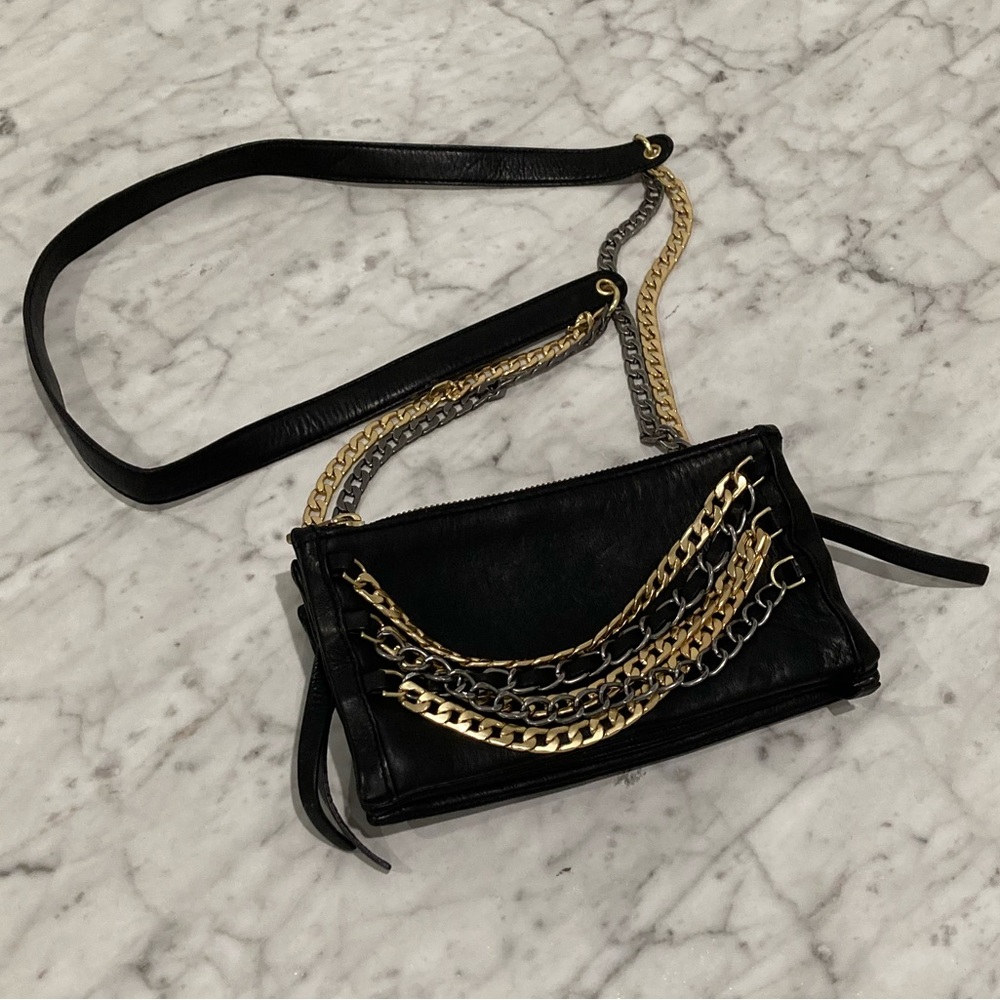 ASH Black Leather Convertible Cross Body Purse Gold Silver Chain - Picture 9 of 14